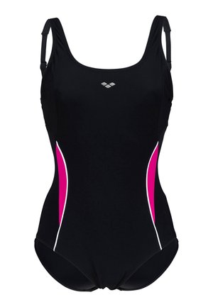Costume da bagno nero con spalline regolabili, caratterizzato da pannelli laterali rosa e bianchi. Realizzato in materiale elastico, ha una texture liscia e un design aderente.