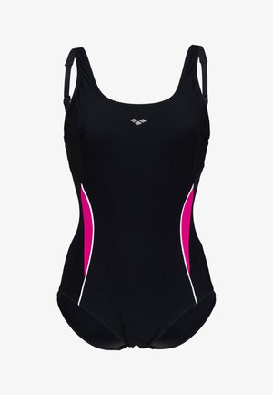 Maillot de bain noir avec des bretelles ajustables, doté de panneaux latéraux roses et blancs. Fabriqué à partir d'un matériel extensible, il possède une texture lisse et un design ajusté.