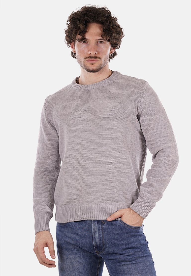 Maglione grigio chiaro lavorato a maglia con scollo rotondo, polsini e orlo a coste. Indossato con jeans blu. Tessuto morbido e vestibilità casual.