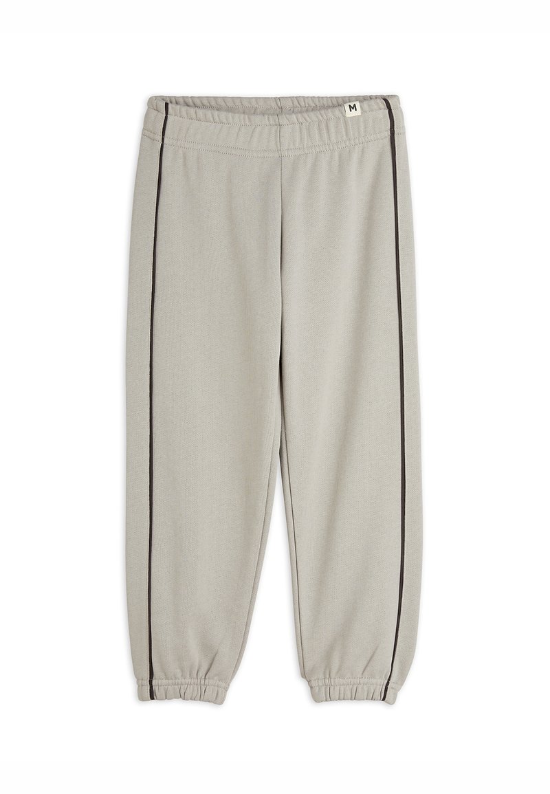 Light grey sweatpants with an elastic waistband, featuring dark brown side stripes, tapered cuffs, and a texture resembling soft knit fabric.