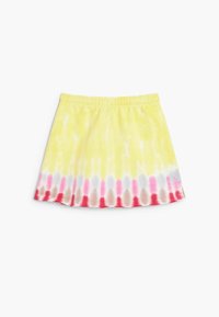 Gonna tie-dye gialla con cintura elastica, caratterizzata da un gradiente di motivi rosa, rossi e grigi all'orlo. Tessuto morbido e leggero.