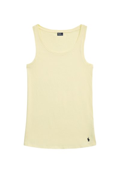 Débardeur sans manches jaune clair avec encolure dégagée et petit logo noir brodé près de l'ourlet inférieur sur fond blanc.