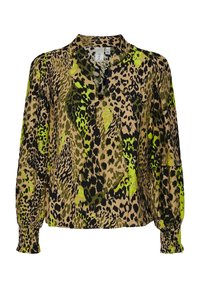 Langärmlige Bluse aus leichtem Stoff, mit einem Dschungeltierdruck in Schwarz, Beige und lebhaftem Grün. Geraffte Manschetten und ein kragenloser Ausschnitt.