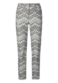 Grau und blau gestreifte Hose mit einem figurschmeichelnden Design, ausgestattet mit fünf Taschen, Gürtelschlaufen und einem Reißverschluss mit Knopfverschluss.