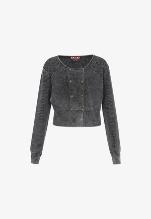 Grau geschnittenen Pullover mit strukturiertem Strick, runder Ausschnitt, vorderer Knopfdetails und langen Ärmeln. Verfügt über goldfarbene Knöpfe auf der Vorderseite.