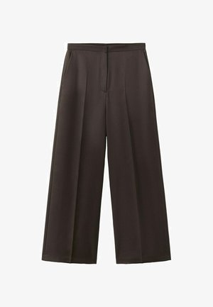 Pantalon noir à jambes larges avec taille haute, plis avant et poches latérales, conçu pour une tenue formelle ou professionnelle.