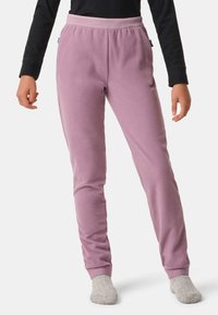 Light purple fleece joggers with a soft texture, tapered design, and elastic waistband. Features cuffed ankles and side pockets.