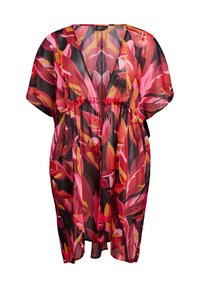 Cubre-vestido estilo kimono transparente con un vibrante patrón de hojas en rosa y rojo sobre un fondo negro, con cintura ajustable y mangas cortas.