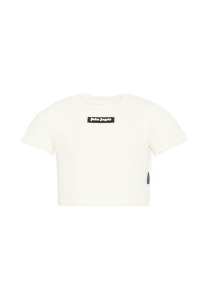 Korte witte geribbelde cropped T-shirt met korte mouwen en een zwart "Palm Angels" label op de borst.