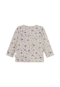 Langarmshirt aus weichem Stoff, mit einem cremefarbenen Hintergrund und einem lila Blumenmuster sowie einem runden Ausschnitt.