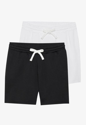 Zwart-witte shorts met een elastische tailleband en een trekkoord, gemaakt van een gladde stof, met een rechte snit en zonder extra patronen.