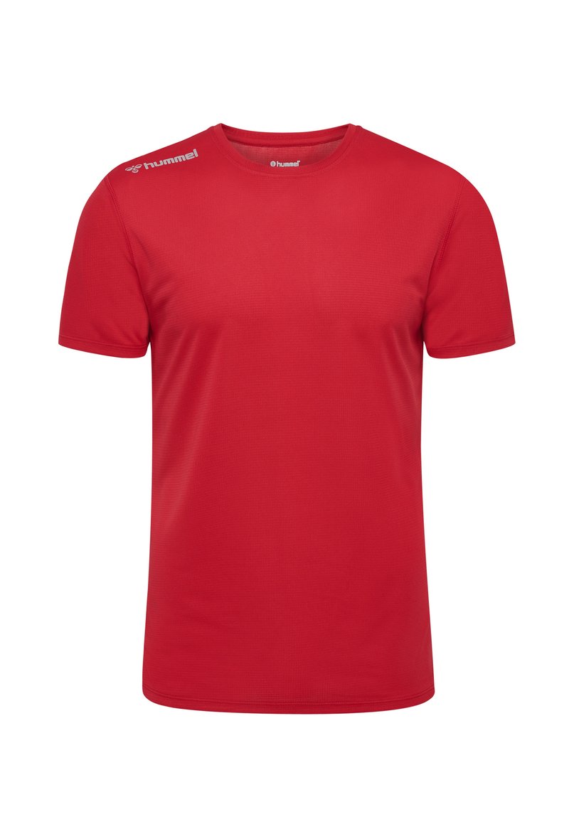 Rød kortærmet t-shirt lavet af glat, letvægtsstof. Har en rund halsudskæring og en diskret brandlogo på venstre skulder.