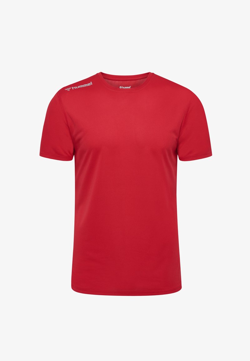 Rød kortærmet t-shirt lavet af glat, letvægtsstof. Har en rund halsudskæring og en diskret brandlogo på venstre skulder.