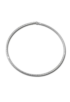 Silver necklace featuring a flat, round design with textured detailing along the edges, clasped with a simple hook closure.