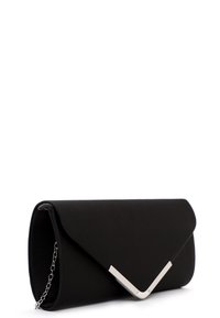 Black clutch purse with a smooth texture, structured rectangular shape, angular metallic accent, and detachable chain strap.