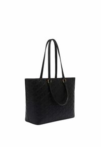 Sac fourre-tout noir avec un motif en losanges matelassé, deux poignées supérieures et des accents en métal doré. Fabriqué en simili cuir.