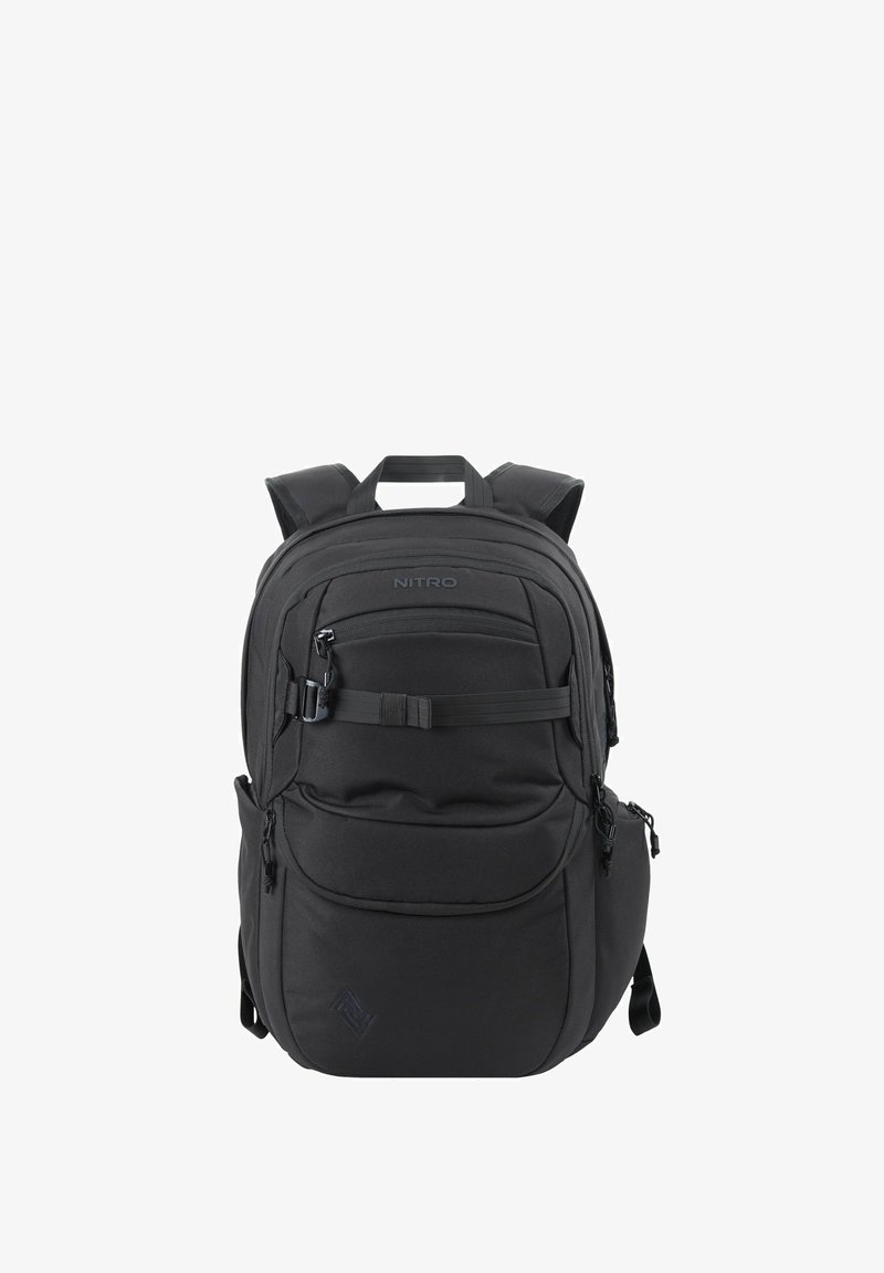 Black backpack made of durable fabric, featuring multiple zippered compartments, padded shoulder straps, and a top carry handle.