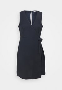 Bezramenné tmavě modré oblékněte šaty s V-výstřihem a bočním zavázáním, délka ke kolenům s malým rozparkem na přední části.