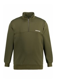 Oliwkowo-zielony, długi rękaw pulower z suwakiem do ćwiartki i nadrukiem "HERITAGE" na białym tle na lewej piersi.