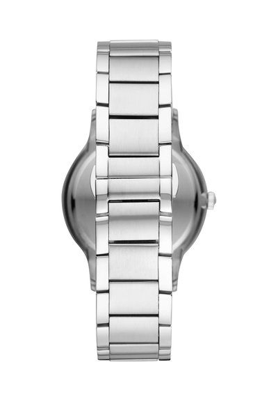 Bracelet de montre en métal argenté avec une finition polie, centré sur le dos d'un boîtier de montre argenté avec une couronne sur le côté.