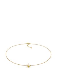 Goldkette mit einer glatten Kette und einem zentralen Blumenanhänger in Weiß und Gelb mit fünf Blütenblättern, gesichert mit einem Karabinerhaken.
