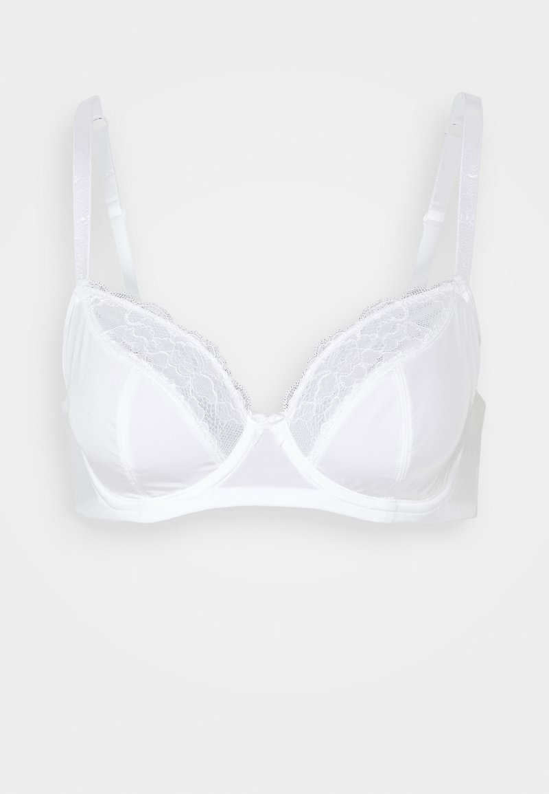 White lace bra with a smooth satin finish, triangular cups, adjustable straps, and a lace accent along the top edge.
