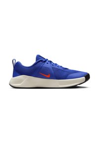 Blue athletic shoe featuring a textured mesh upper, orange swoosh logo, and a white midsole with a black rubber outsole.