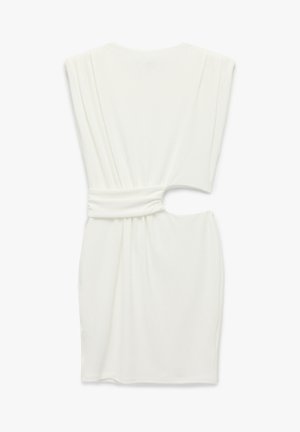 Witte korte jurk van zachte stof met gedrapeerde mouwen, een gecinchte taille met uitsnijding en een soepele, gestroomlijnde silhouet.