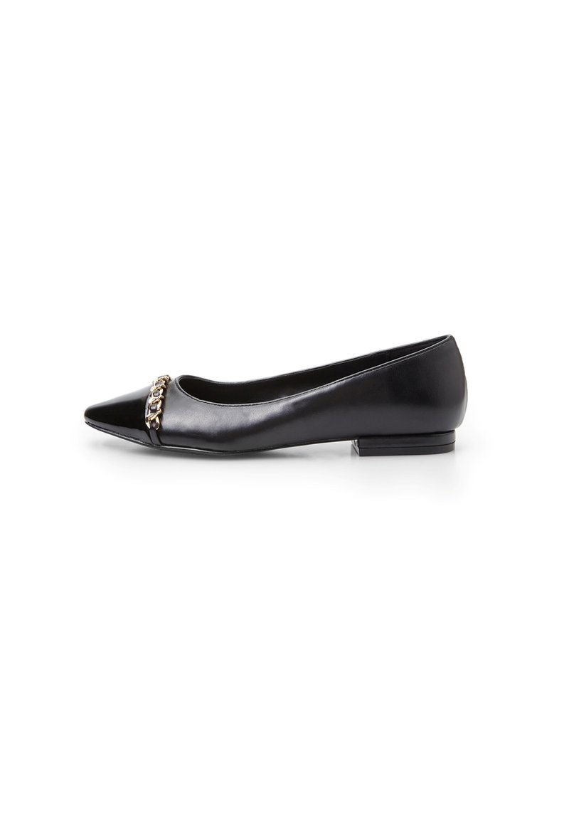 Black leather ballet flat with a pointed toe, featuring a chain accent at the front and a low block heel for stability.