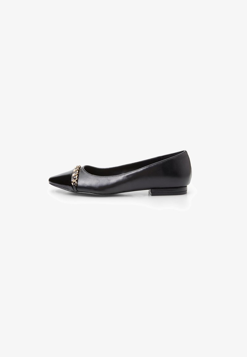 Black leather ballet flat with a pointed toe, featuring a chain accent at the front and a low block heel for stability.
