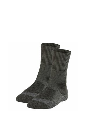 Coppia di calzini grigio scuro fino a metà polpaccio con polsini a coste e zona del tallone e punta rinforzate, mostrati su sfondo bianco.