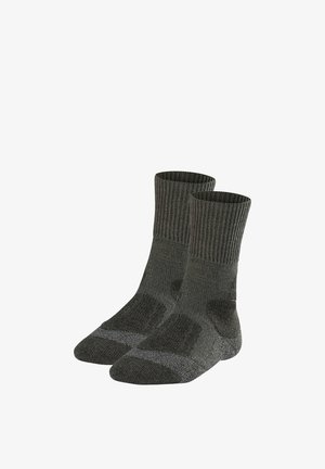 Coppia di calzini grigio scuro fino a metà polpaccio con polsini a coste e zona del tallone e punta rinforzate, mostrati su sfondo bianco.