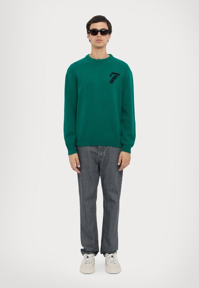 Pull en laine vert à col rond, avec un détail graphique noir sur la poitrine. Associé à un jean droit gris foncé et des baskets blanches.