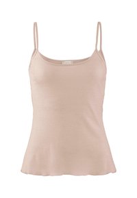 Light beige ribbed tank top with thin adjustable straps and a scalloped hem. Made of a soft, stretchy fabric for comfort.