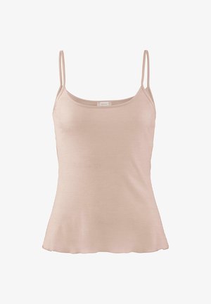 Light beige ribbed tank top with thin adjustable straps and a scalloped hem. Made of a soft, stretchy fabric for comfort.