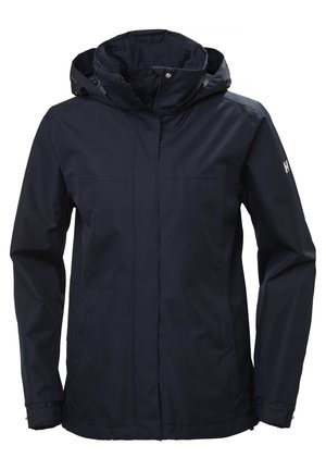 Marineblauwe waterdichte jas met een hoge kraag en een verstelbare capuchon. Voorzien van een ritszakken aan de voorkant en een logo-accent op de mouw.