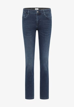 Ciemnoniebieskie dżinsy z denimu o dopasowanym kroju, w stylu pięciu kieszeni, z detalami szwów oraz srebrnym guzikiem na pasie.