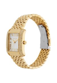 Goldfarbene rechteckige Uhr mit einem mit Kristallen verzierten Gehäuse, weißem Zifferblatt, römischen Ziffern und einem verlinkten Metallarmband.