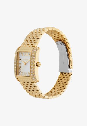 Goldfarbene rechteckige Uhr mit einem mit Kristallen verzierten Gehäuse, weißem Zifferblatt, römischen Ziffern und einem verlinkten Metallarmband.