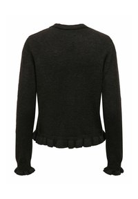 Pull en tricot noir avec manches longues, col rond et ourlet et poignets à volants. Texture douce et coupe ajustée.
