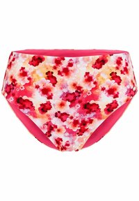 Högmidjad rosa baddräktsbottom med ett livfullt blommönster i rött och vitt, mjuk textur och elastisk midja för komfort.