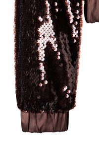 Sequined fabric top featuring dark brown and rose gold sequins, with a gathered satin cuff and textured surface for added detail.