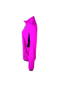 Fuchsia lightweight jacket with a zippered collar, black side panels, elastic cuffs, and a fitted design. Smooth, breathable fabric.