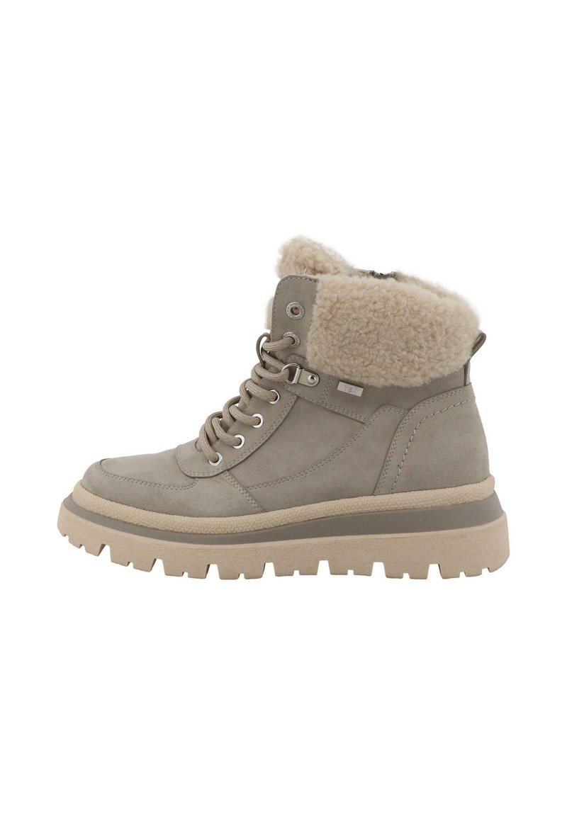 Beige ankelstøvle med tykk gummisål, snørebånd foran og blødt shearling-krave for varme og komfort.