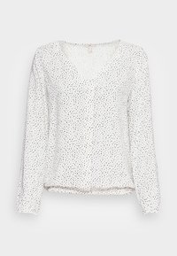 Weißes Langarmbluse mit schwarzen Polka-Dots, V-Ausschnitt, elastischen Bündchen und einem leicht gerafften Saum.