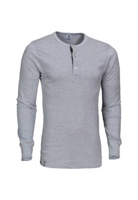 Grå langærmet henley skjorte lavet af blødt bomuld, med rund halsudskæring, tre-knaps placket og et lille logo mærke på kanten.