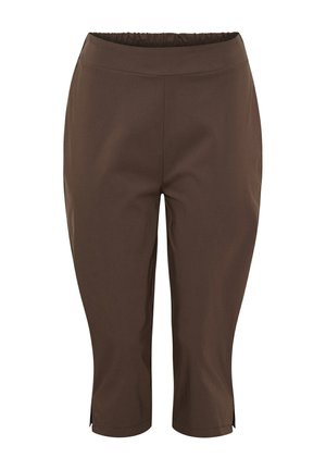 Brune knælange bukser med elastisk talje og små sidespalter ved kanten, vist mod en hvid baggrund.