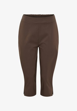 Brune knælange bukser med elastisk talje og små sidespalter ved kanten, vist mod en hvid baggrund.