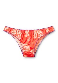 Květinový vzor bikinového spodku v živé korálové barvě s bílými květinami. Obsahuje volánkový okraj a kontrastní fialový lem. Elastický pas.