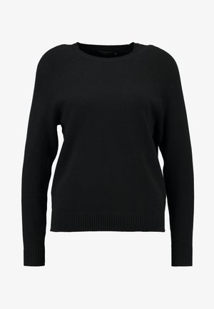 Zwarte gebreide trui met een ronde hals, lange raglanmouwen en geribbelde zoom. Soepele textuur zonder zichtbare patronen of accenten.